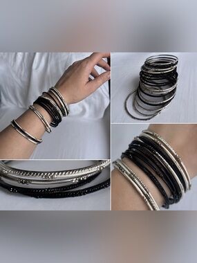 Stackable Black and Silver/White Bangle Bracelet Set - Women Jewelry